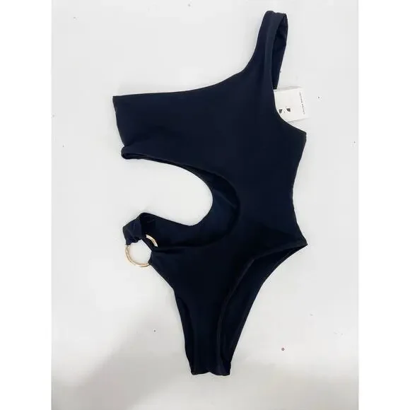 Louisa Ballou Half Moon One Shoulder O-Ring Cutout Black One Piece Swimsuit NWT
